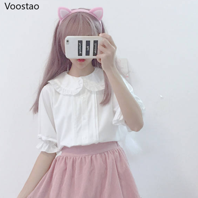 branco lolita camisa kawaii peter pan colarinho estilo preppy chique blusas femininas doce babados manga curta topos feminino roupas de moda