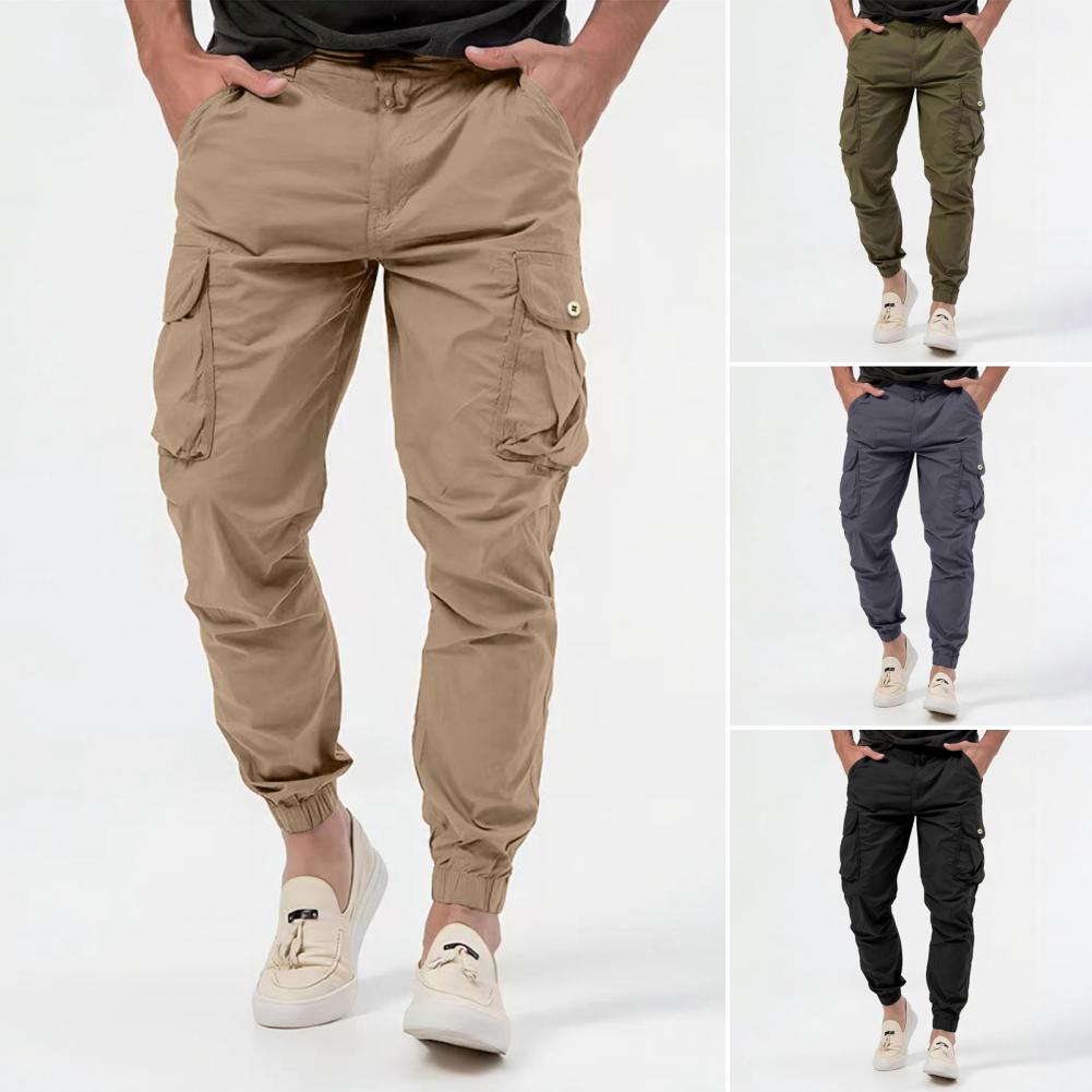Description Picture 3 of itemMen Pants Mid Waist Multi Pockets Button Zipper Closure  Cargo Pants Solid Color Loose Ankle-banded Long Trousers For Dating