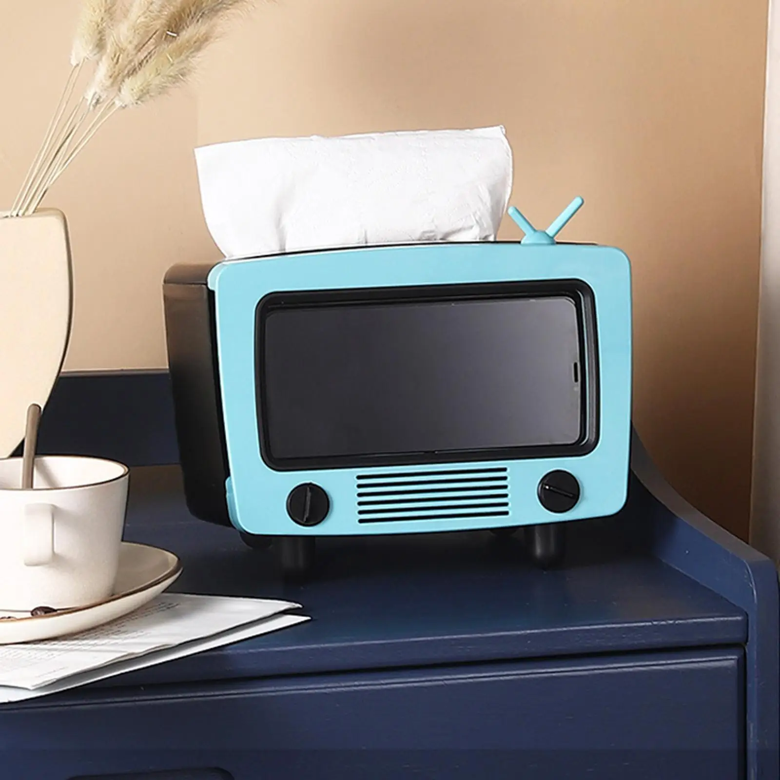 TV Shaped Tissue Box, Phone Holder Stand Cute Practical  Container for Vanity Countertops Office Desktop Decor for All Phones