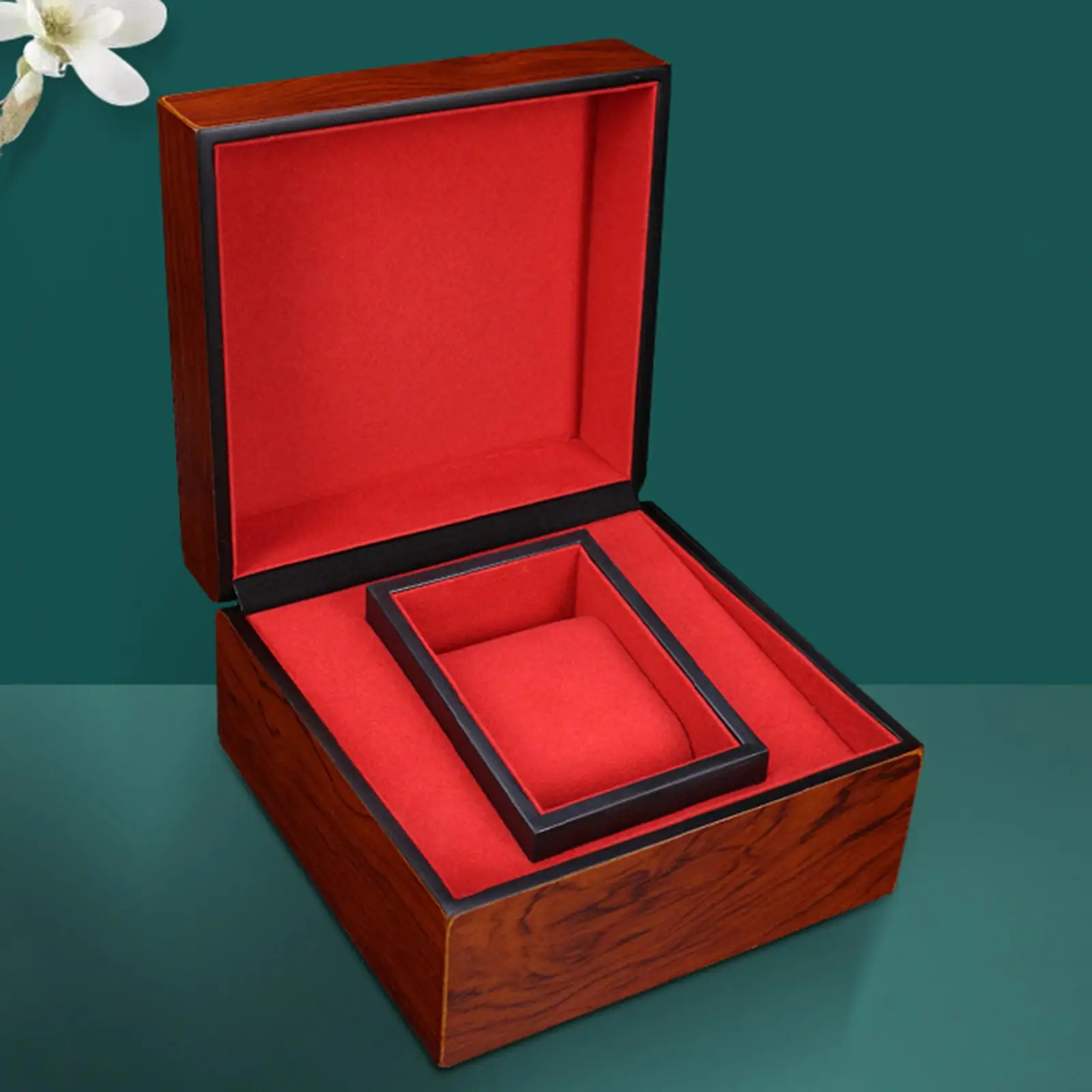 Wood Watch Case Jewelry Storage with Red Pillow Wristwatch Display Holder