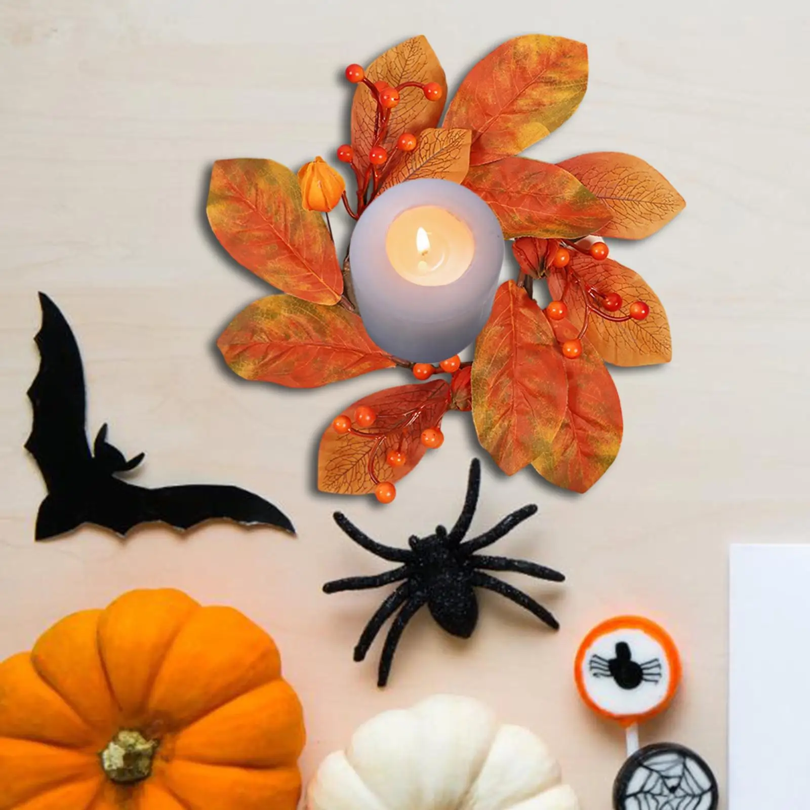 Mini Fall Candle Wreaths Rings Floral Arrangement Table Centerpieces Autumn Candle Rings for Tabletop Cafe Bar Party Farmhouse
