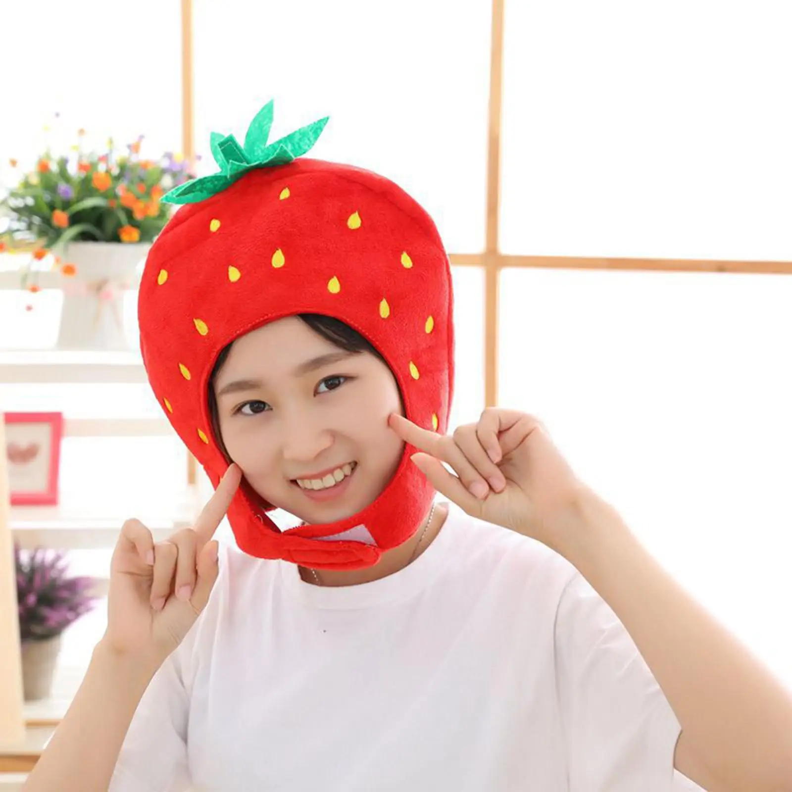 Plush Strawberry Hat Soft Cosplay Hat Photo Props Headband Dress Up Costume for Party Xmas Holiday Halloween New Year