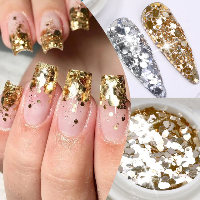 Golden Silver Nail Flakes Chunky Glitter Nail Sequins Laser Manicure  Colorful Powder Sparkly Hexagon Decor - AliExpress