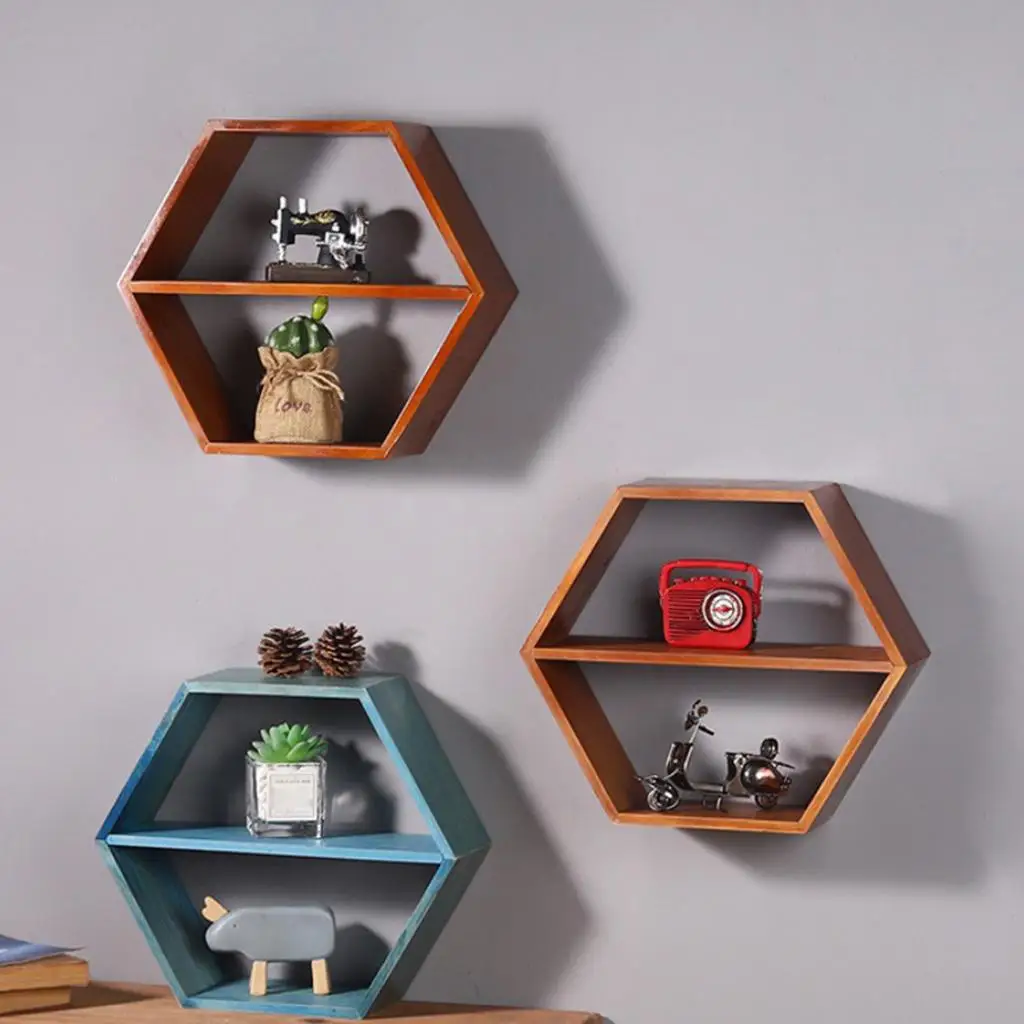 Rustic Wood Floating Shelves, Hexagon Decorative Wall Shelf for  and 