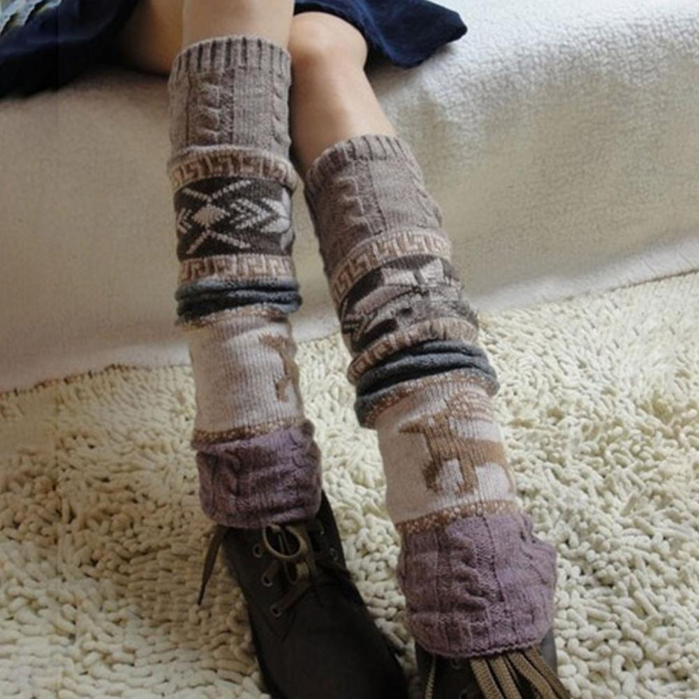1 Pair Christmas Deer Snowflake Patterns Crochet High Stretchy Knit Knee-High Winter Boot Socks Leg Warmers_voghion.com