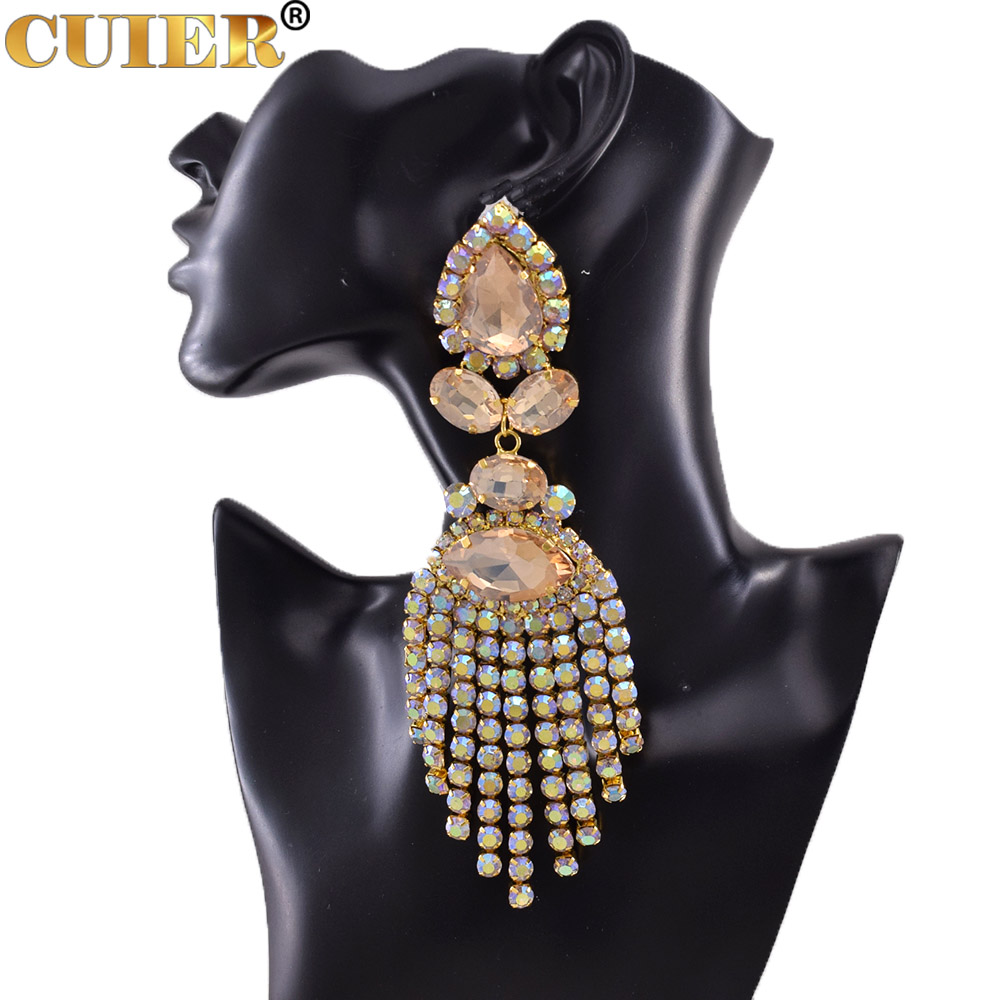 Strass SS28 Dazzling17CM Lange Quaste Clip auf Ohrring für Frauen Schmuck Kristall AB Große Größe Zubehör für Drag Queen – Detail 10