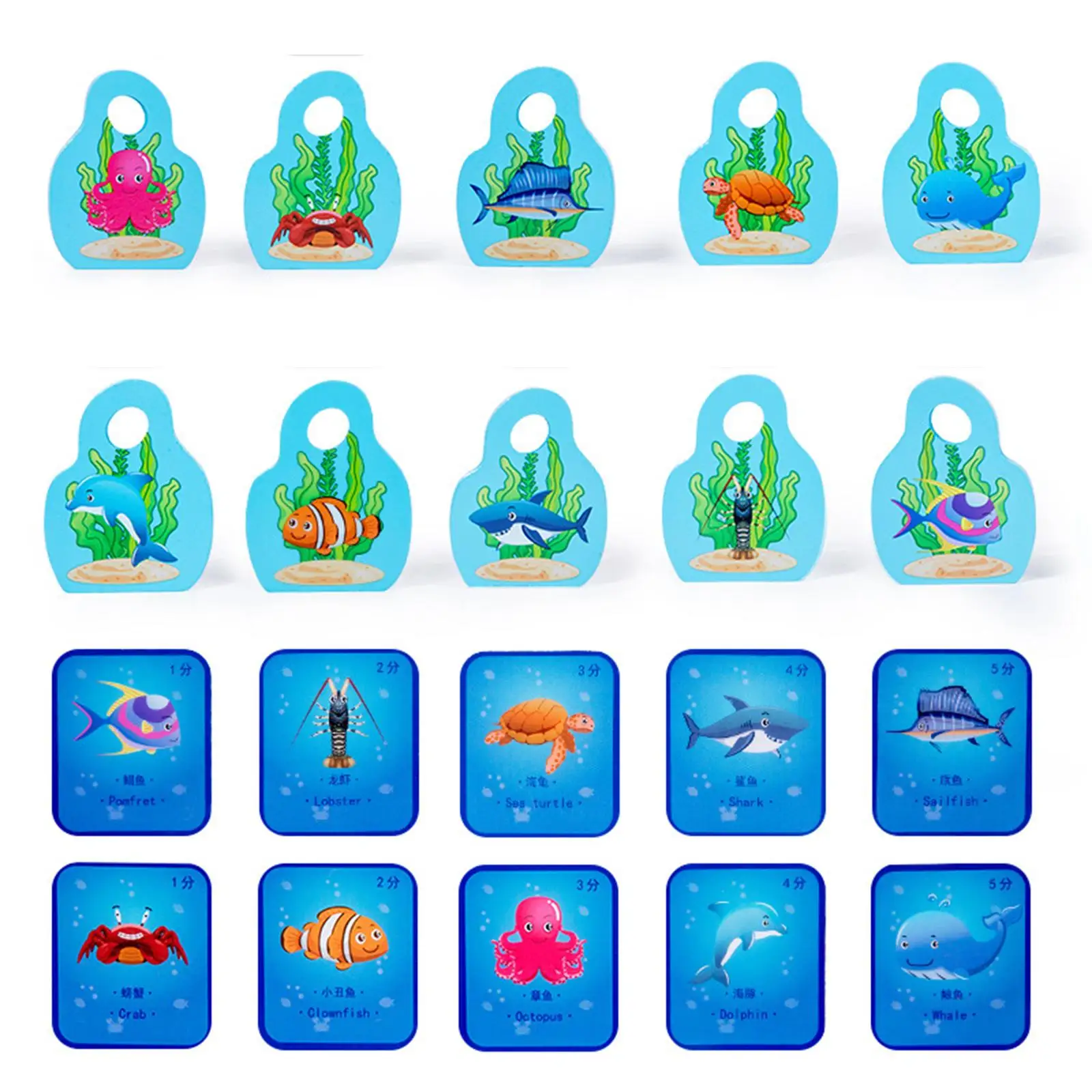 Wooden Fishing Toy Game with 10 Aquatic Creatures Board Game Toy Fine Motor Skill for Preschool Birthday Gift Toddlers Kids Baby