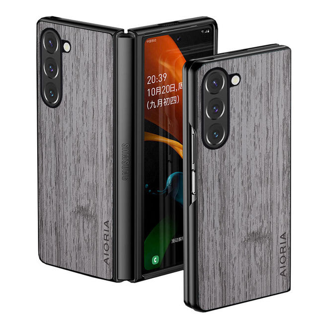 Samsung Galaxy Z Fold 7/3/4/5/6用ケース、竹柄木目調レザー