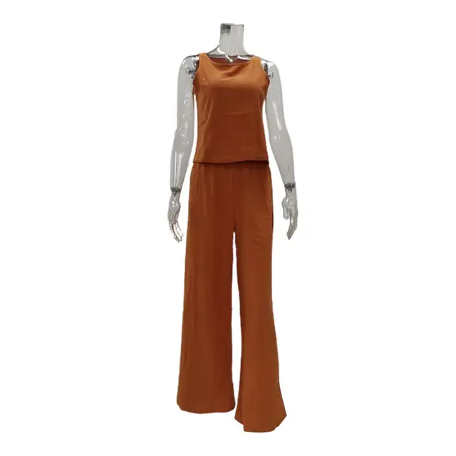 Conjunto de 2 Tops y pantalones para mujer, traje de Color sólido