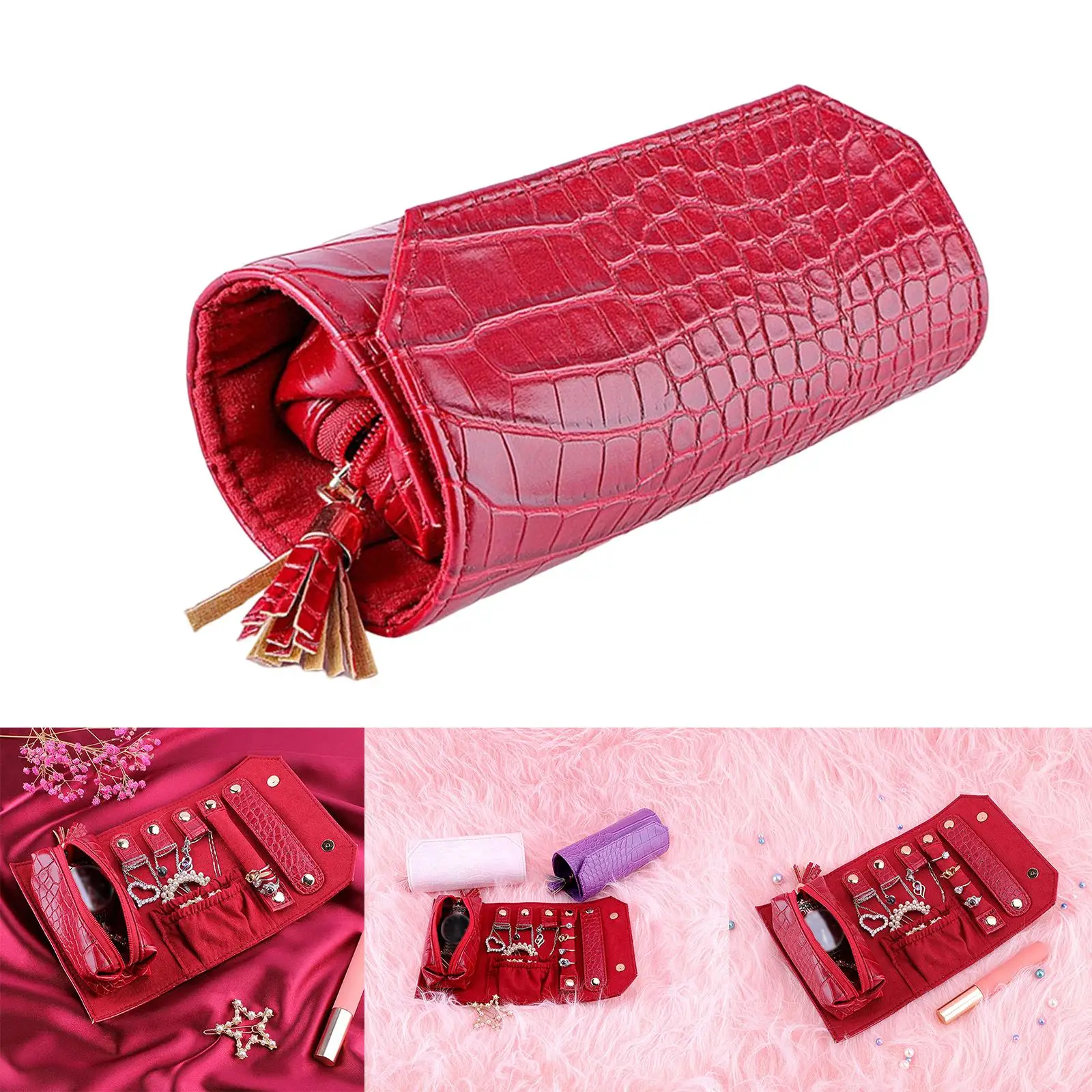 Travel Jewelry Roll Display Storage Carrying Case for Girls Women Accessory Soft Velvet Inside Detachable Fashion