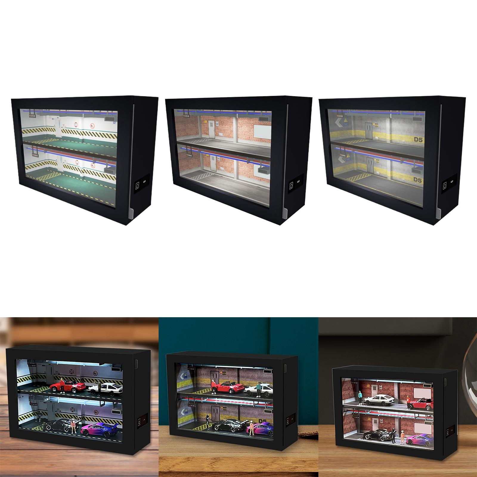 1/64 Garage Display Case with LED Dustproof Ornament Wooden Frame for Models