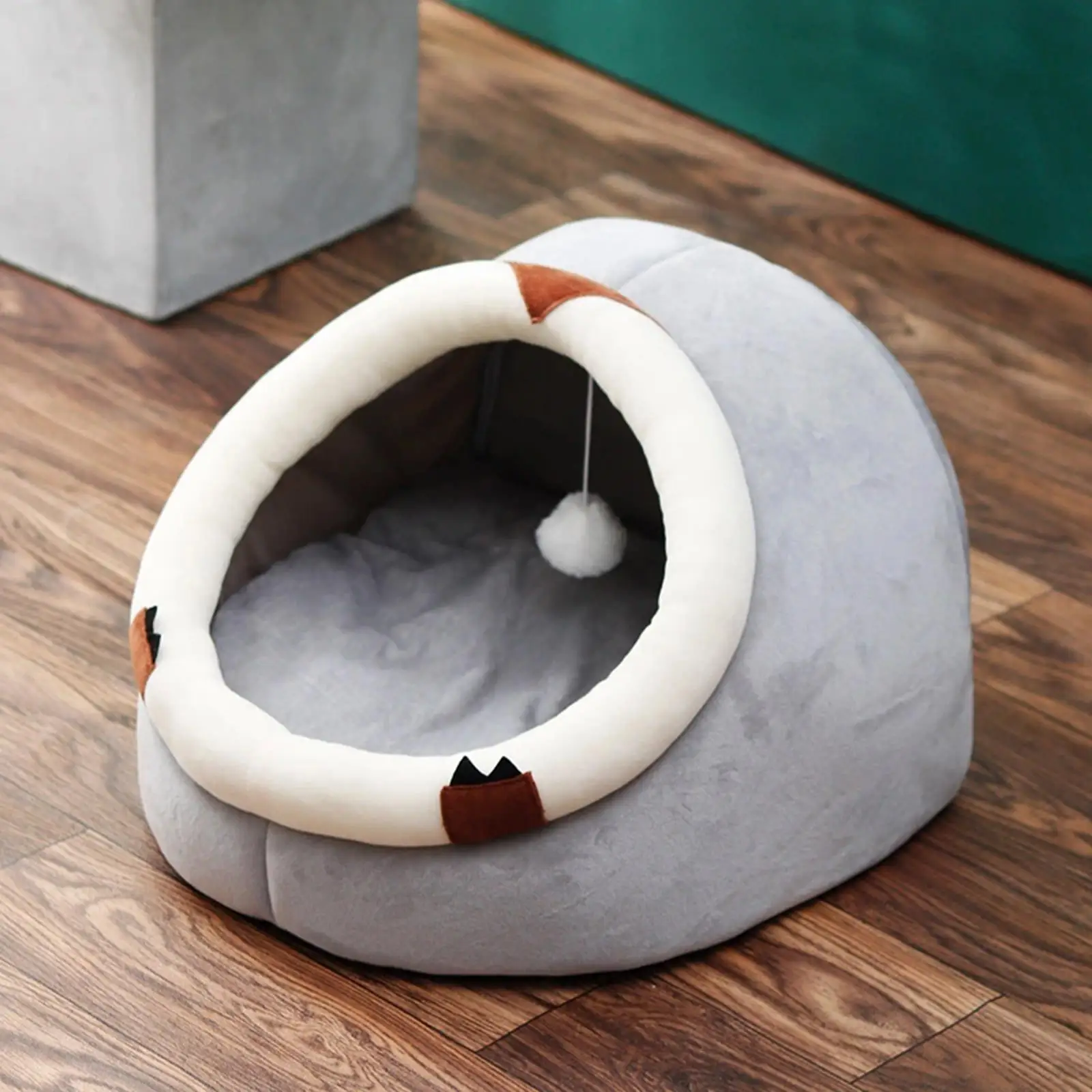 Cute Cat Beds Pet House Cushion Anti Slip Bottom Dog Sleeping Bed with Ball Toy Nest Warm Hideout Comfortable for Puppy Rabbit
