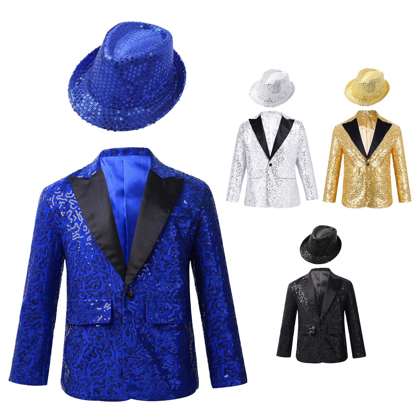 Kids Boys Shiny Sequins Coat Modren Competition Dance Performance Jacket Banquet Party Long Sleeve Tuxedo Suit with Fedora Hat
