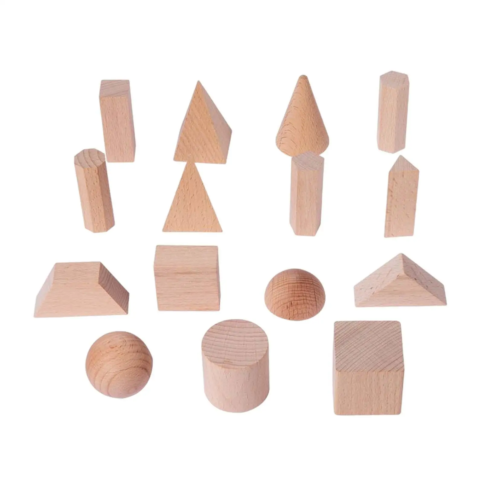 15Pcs Wooden Geometric Solid Blocks Shape Sorter Educational Toy Montessori Toys Stacking Toy for Toddler Babies Kids