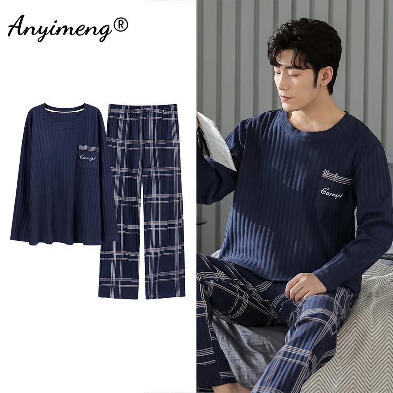 Elegant Men Pajamas Set Autumn Winter Plus Size 2 Piece Sleepwear for Boy Cotton O-Neck Mens Clothing Sets Gentleman Nightwear mens sleep wear