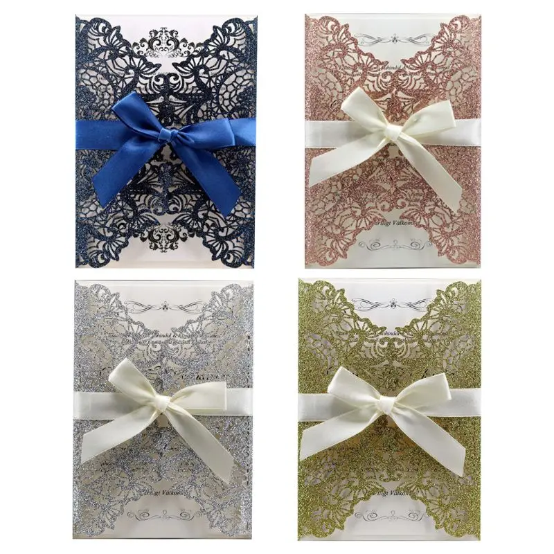 10pcs Laser Cut Lace Glitter Wedding Invitation Cards With Bow Ribbon 