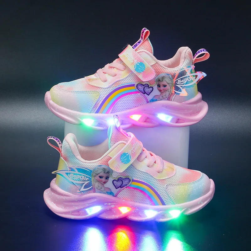 leather girl in boots Disney Cartoon Frozen 2 Girls Casual Shoes LED Light Up Sneakers Elsa Princess Shoes Baby Toddler Shoes Girl Birthday Present children's sandals near me