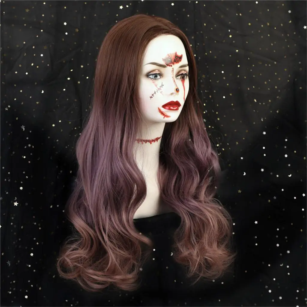 Women Halloween Cosplay Party Wig Long Curly Brown Gradient Synthetic