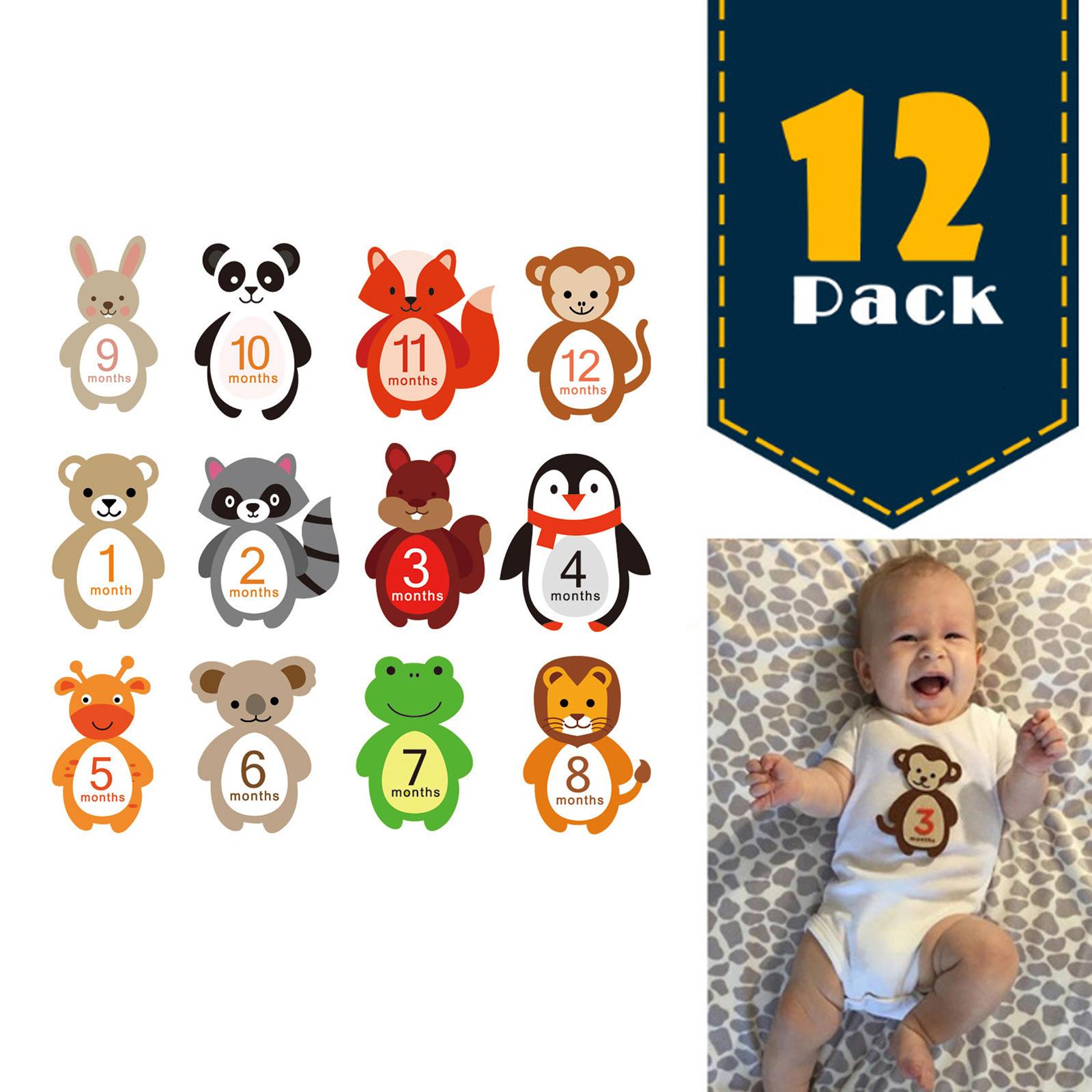 12 Pieces Bby Monthly Stickers Crtoon niml Shped Milestone Stickers Gender Neutrl 1-12 Month Posing Props Bby Shower