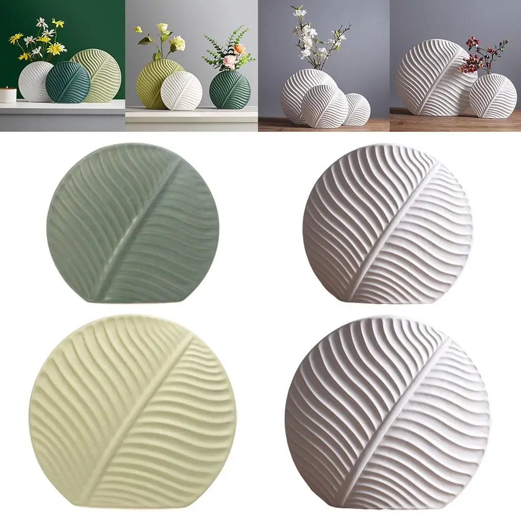 1pc Nordic Ceramic Round Leaves Flower Vase Bookshelf Desktop Decoration Ornamnet Gifts