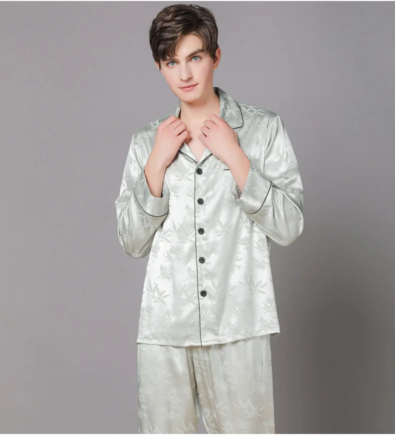 2022 New Spring and Summer Men's Silk Long-sleeved Trousers Thin Plaid Pajamas Mock Silk Men's Home Wear Men's Pajamas Pajamas silk sleepwear