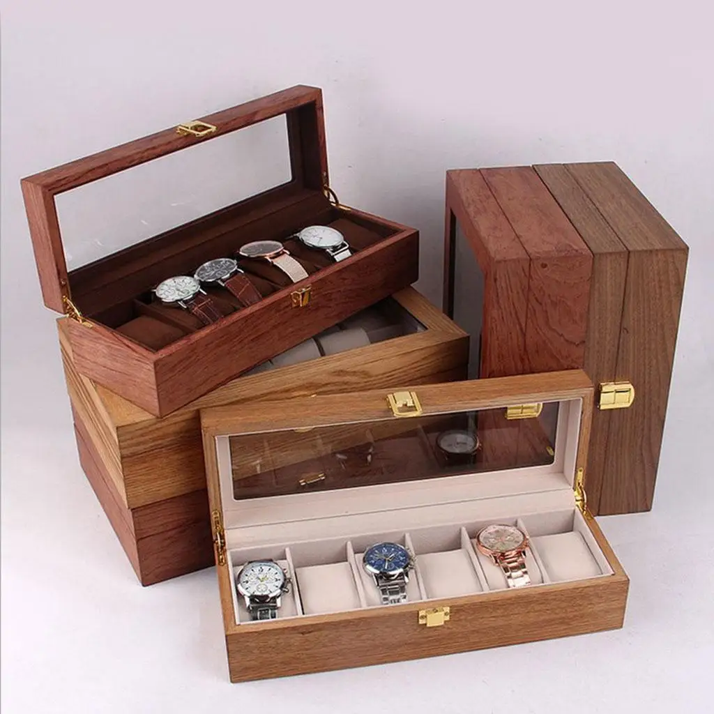 Vintage 6 Slots Watch Case for Men, Solid Wood Watch Storage Organizer Display Box, Gift for Birthday,Valentine`s Day