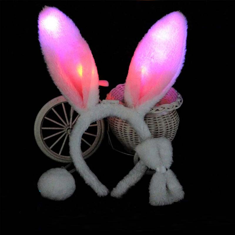 1 stücke Frauen Mädchen Rosa Leuchten Kaninchen Hase Ohr Stirnband Schwanz Fliege Glow Party Cosplay Geburtstag Ostern Hochzeit Festival – Detail 3