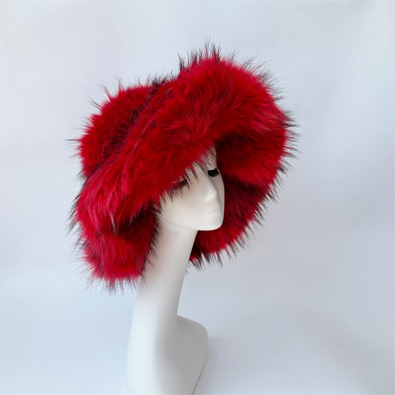 Harajuku Girls Sweet Cute Pink Wide Brim Floppy Furry Shag Hat Women Winter Y2k Fashion Fuzzy Festival Faux Fox Fur Bucket Hats