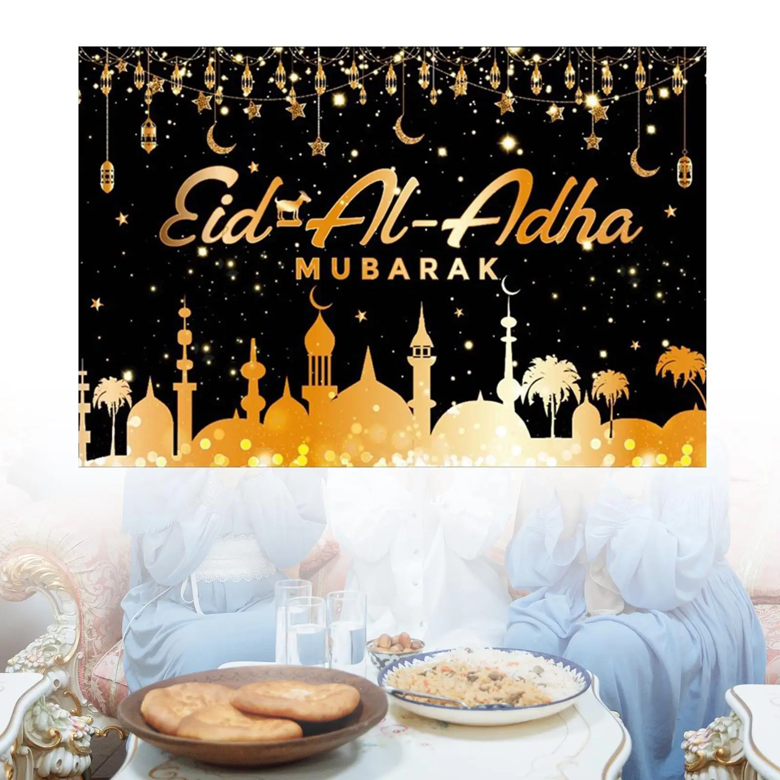 Ramadan Kareem Backdrop Eid Party Decorations Eid Mubarak Sign Banner Eid Mubarak Background for Indoor Outdoor Fireplace Porch