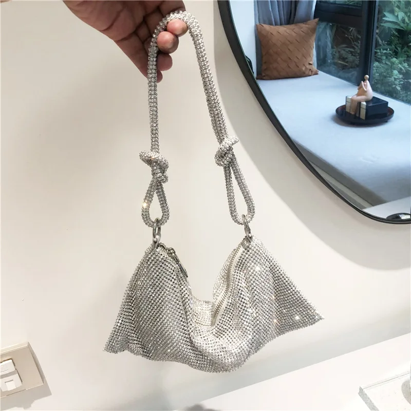 Handle Rhinestones Evening Clutch Bag silver Shiny Crystal Dinner Party Wedding Purses and Handbag Luxury Designer Shoulder Bag