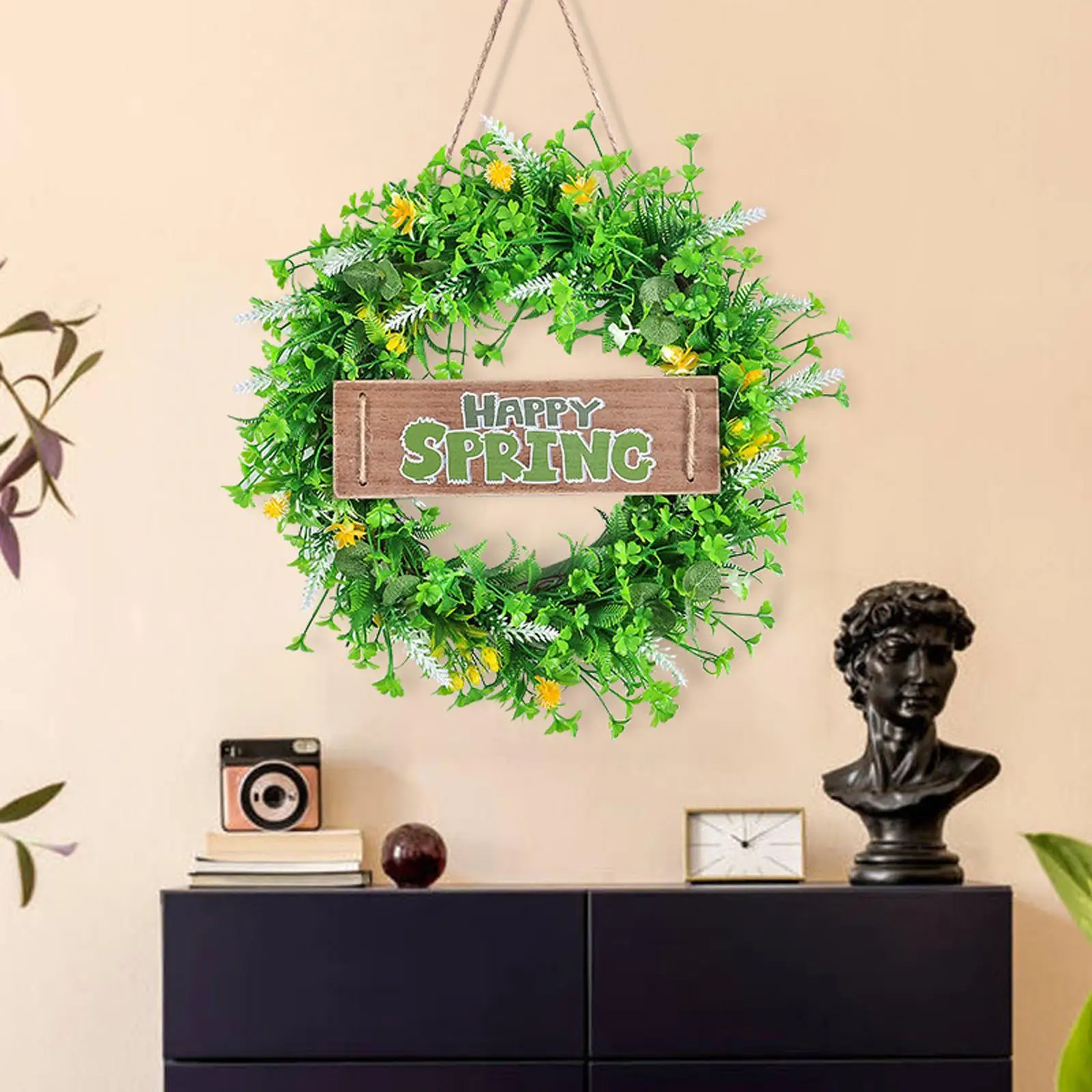 Happy Spring Greenery Wreath Hanging Garland for Porch Party Accessories