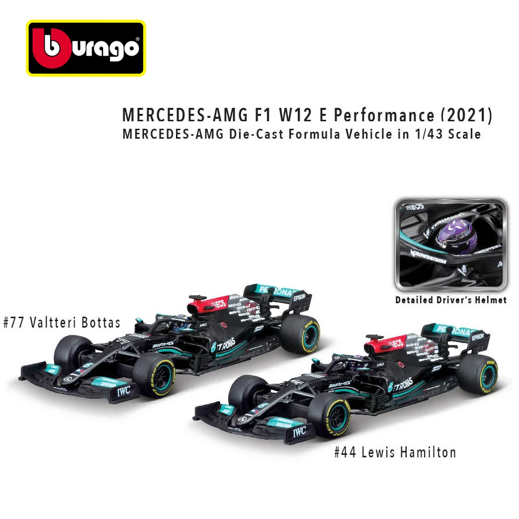 1:43 Bburago MERCEDES AMG F1 W10 #44 Hamilton #77 Valtteri Botta's Racing Car 