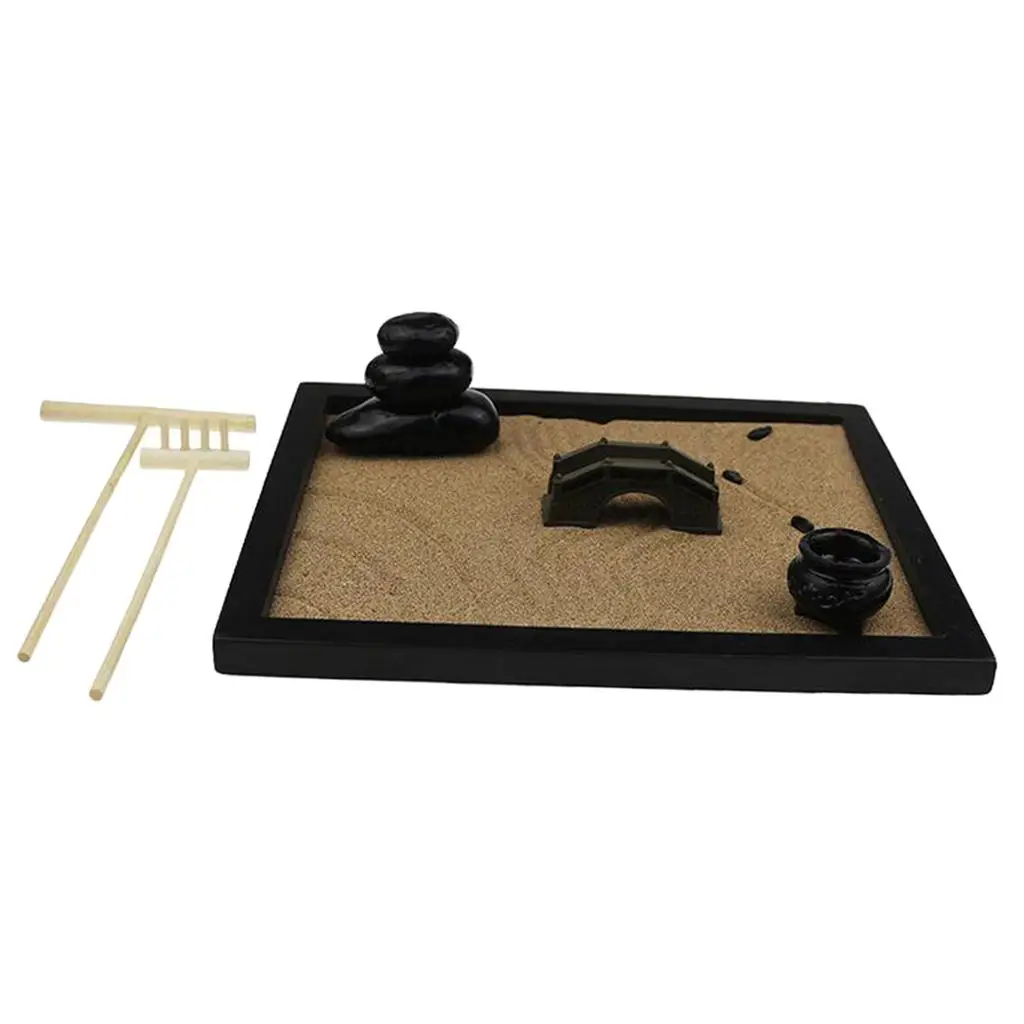 Tabletop Meditation Garden - Desktop Meditating Mini Japanese Garden with Bamboo Rakes, Stones