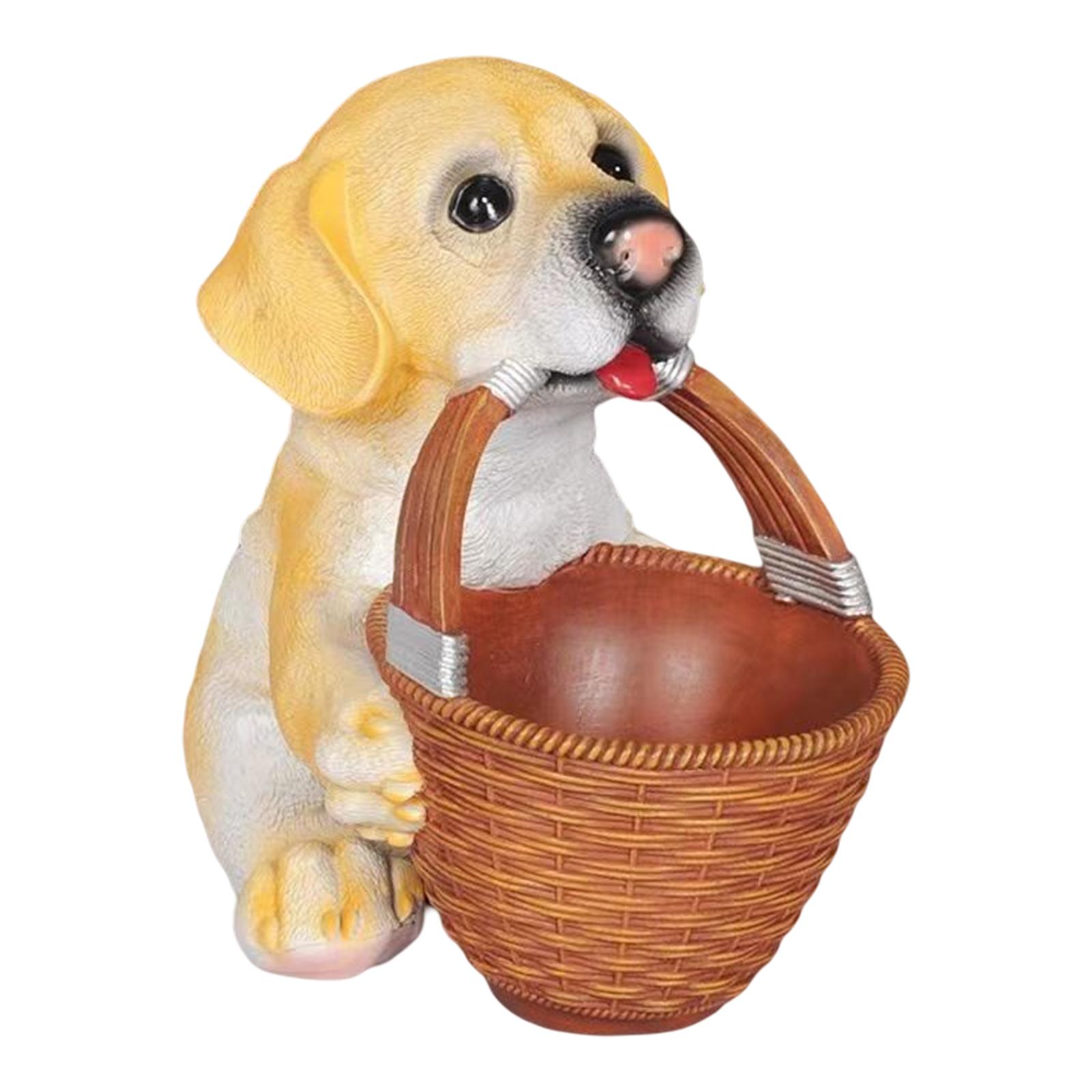 Puppy Statue with Basket Dog Resin Figurine Dish Decors Holder Storage Box for