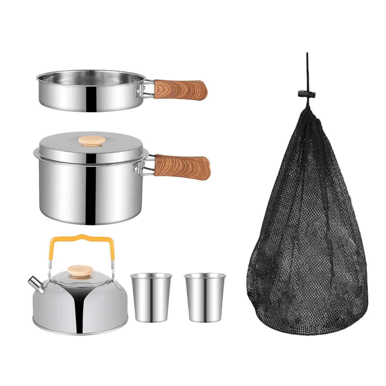 5 Pieces Camping Cookware Set Outdoor Cook Gear Kitchenware Folding Handle Camping Pot Pan and Kettle for Home Mountaineering