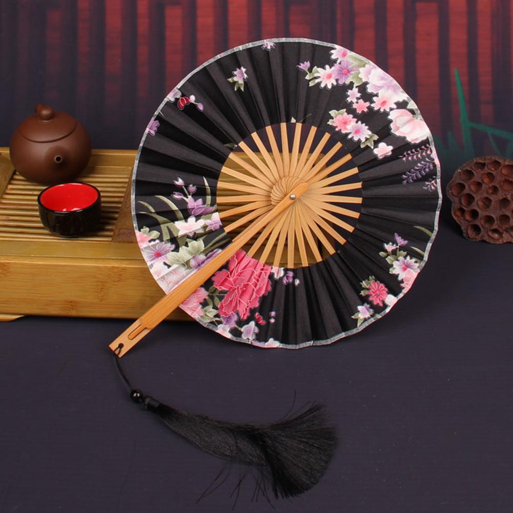 Description Picture 4 of itemJapanese Sakura Flower Printed Fans Pocket Folding Hand Fan with Tasse Round Circle Dance Performance Fan Wedding Party Decor