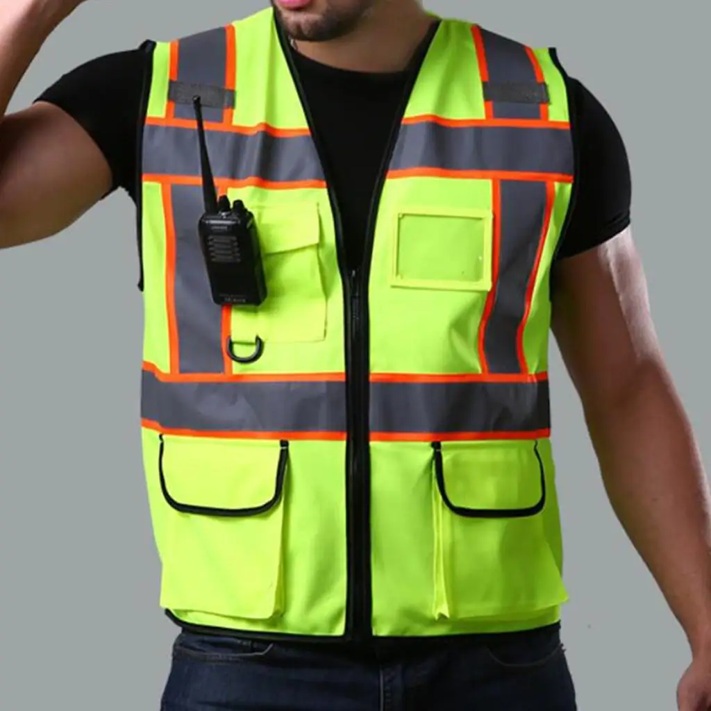 Fluorescent Yellow Security Safety Vest Reflective Strips Zipper 3 Pockets