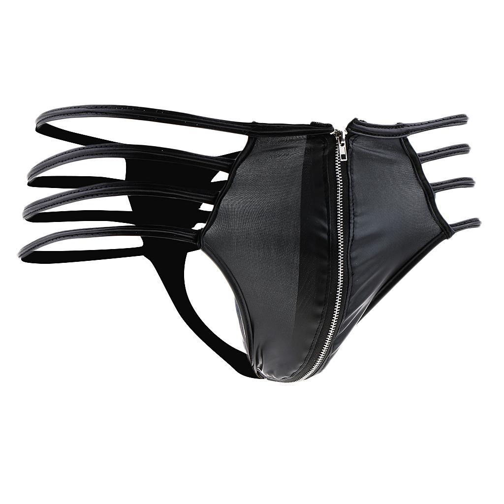 Black PU Leather Pouch Thong Front Zip T Back Underwear Briefs for Men