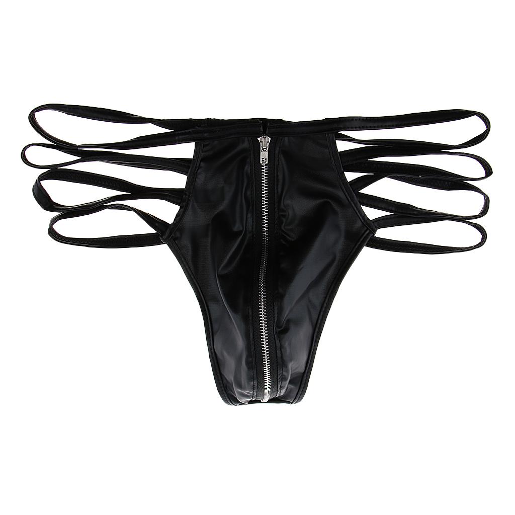 Black PU Leather Pouch Thong Front Zip T Back Underwear Briefs for Men