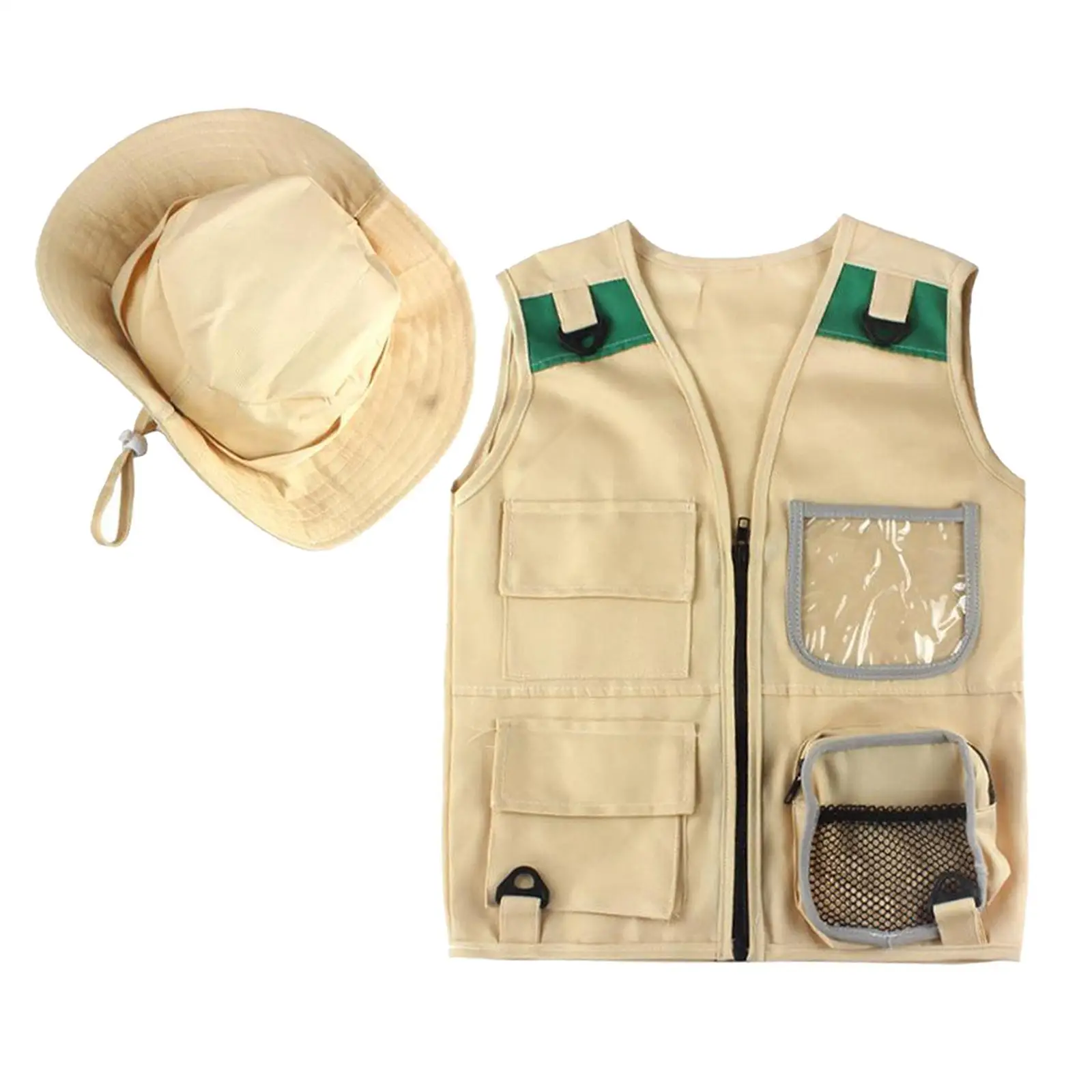 Durable Kid Khaki Cargo Vest and Hat with 4 Pockets Dress Up for Zoo Keeper