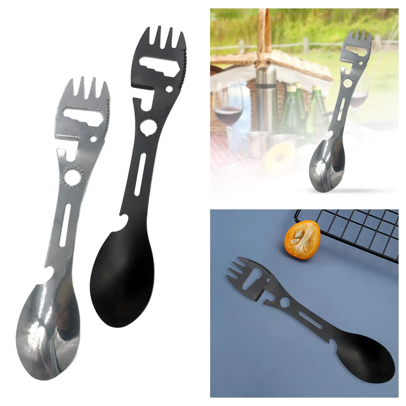 Portable Spork Fork Spoon Can Opener Dinnerware Stainless Steel Functional Tableware for Camping Travel Cooking Hiking Picnic