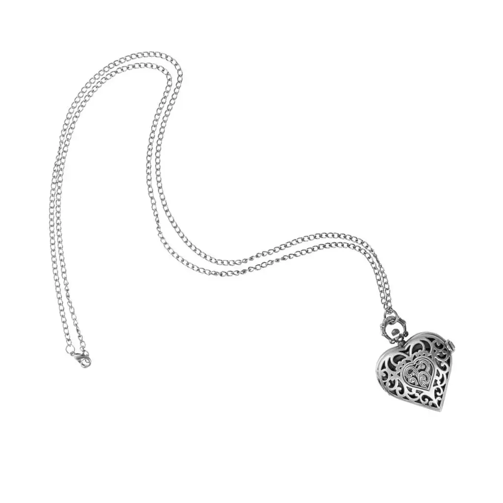 Antique Silver Heart Love Pendant Chain Sweater Necklace Quartz  Watch