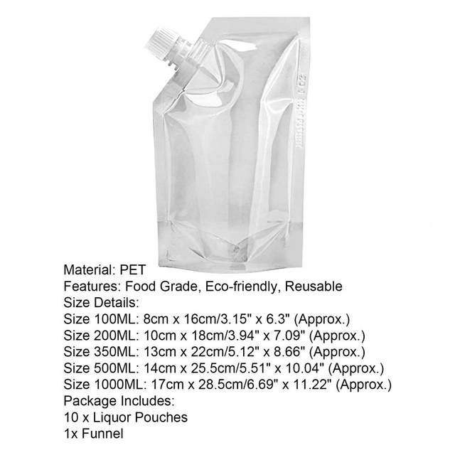 LINASHI 1 Set 350ML/500ML/200ML/100ML/1000ML Plastic Liquor Pouches  Drinking Flasks Reusable Liquid Hide Bags with Silicone Funnel Included 