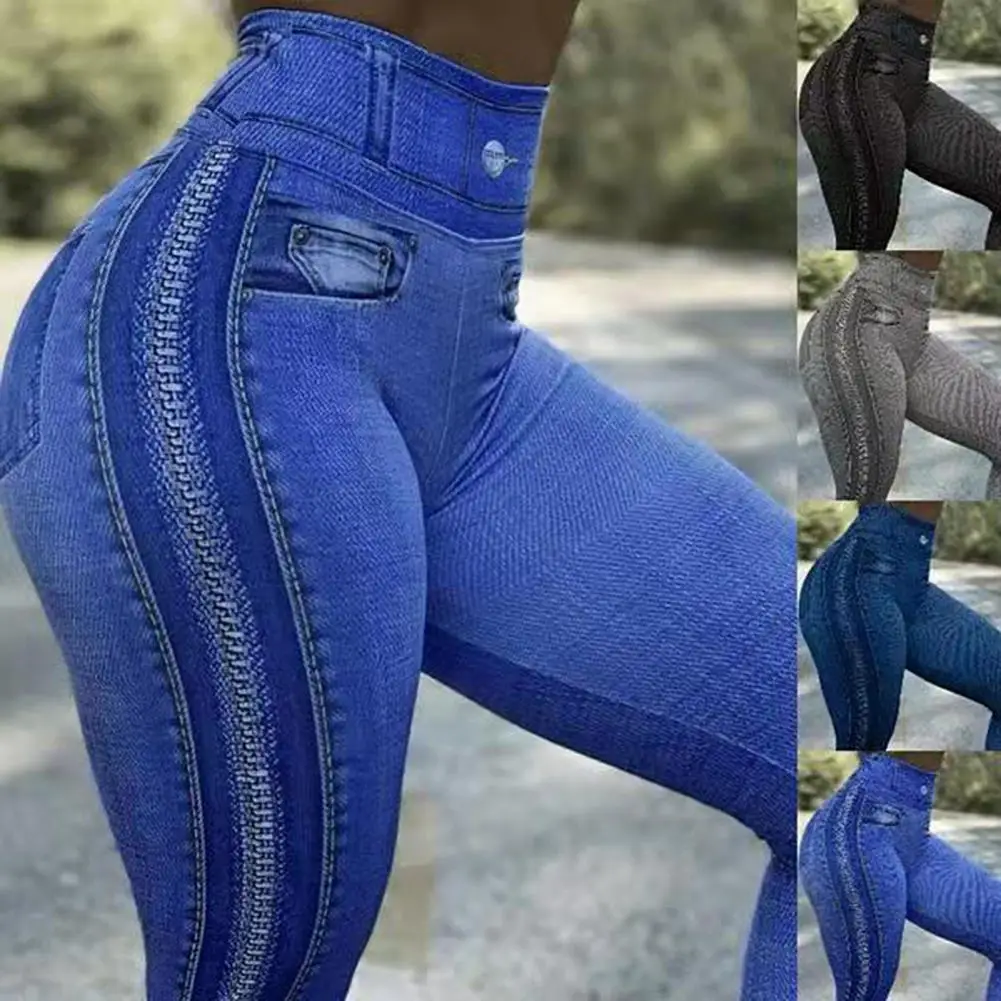 Skinny Imitation Jeans Womens Jeans Leggings Hip Lifting Zipper Print High Waist Elastic Pants for Sports Women Trousers