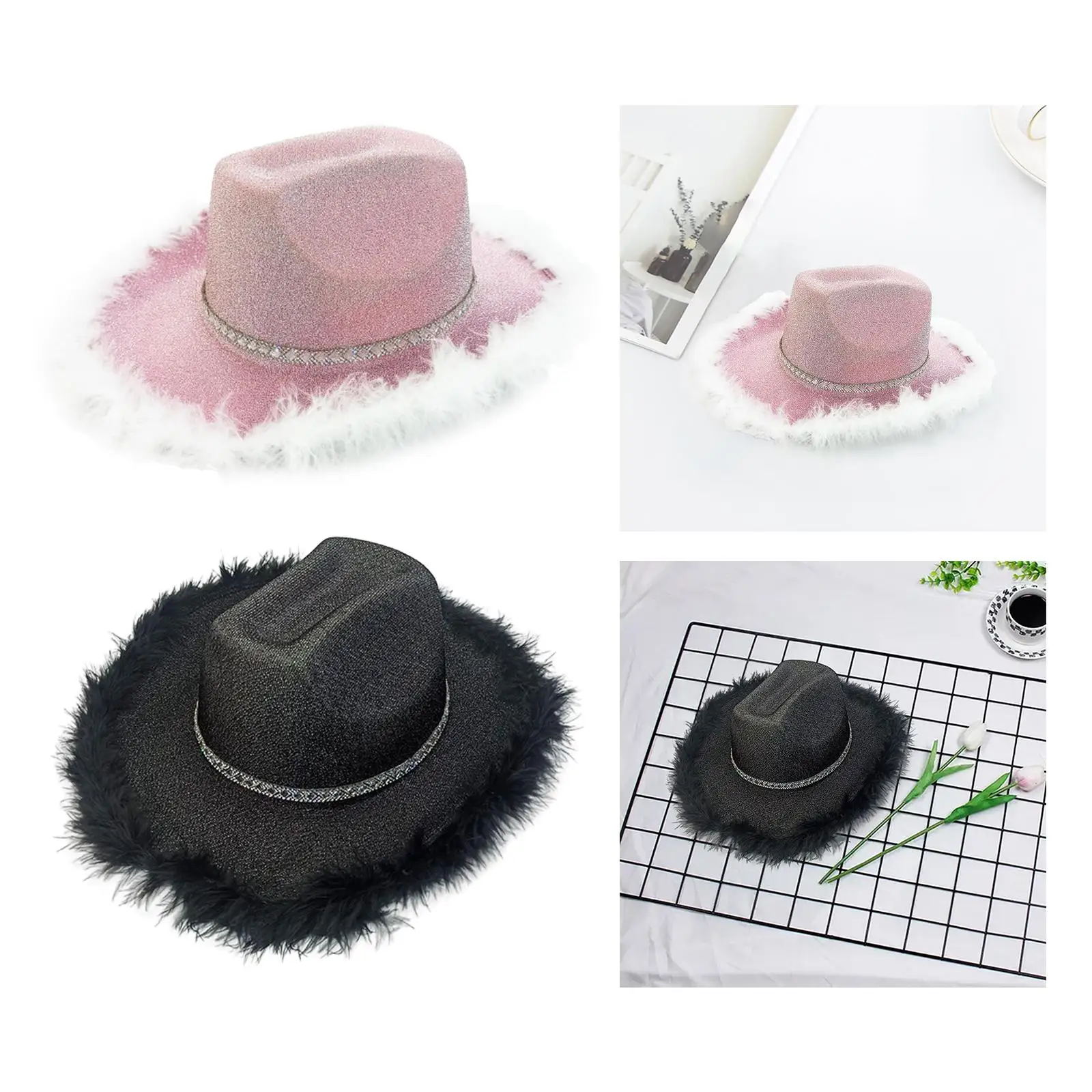 Novelty Cowboy Hat Costume Fancy Dress Wide Brim Cosplay Shiny Cowgirl Hat with Artificial Feather Trim for Parties Women Men