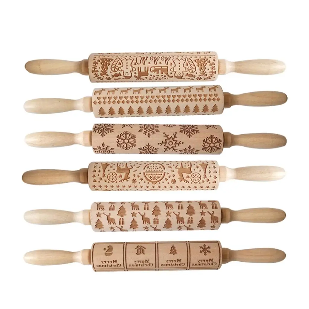 Christmas Wooden Rolling Pins Wooden Embossing Rolling Pin Engraved Embossed Rolling Pin for Christmas Baking Accessories