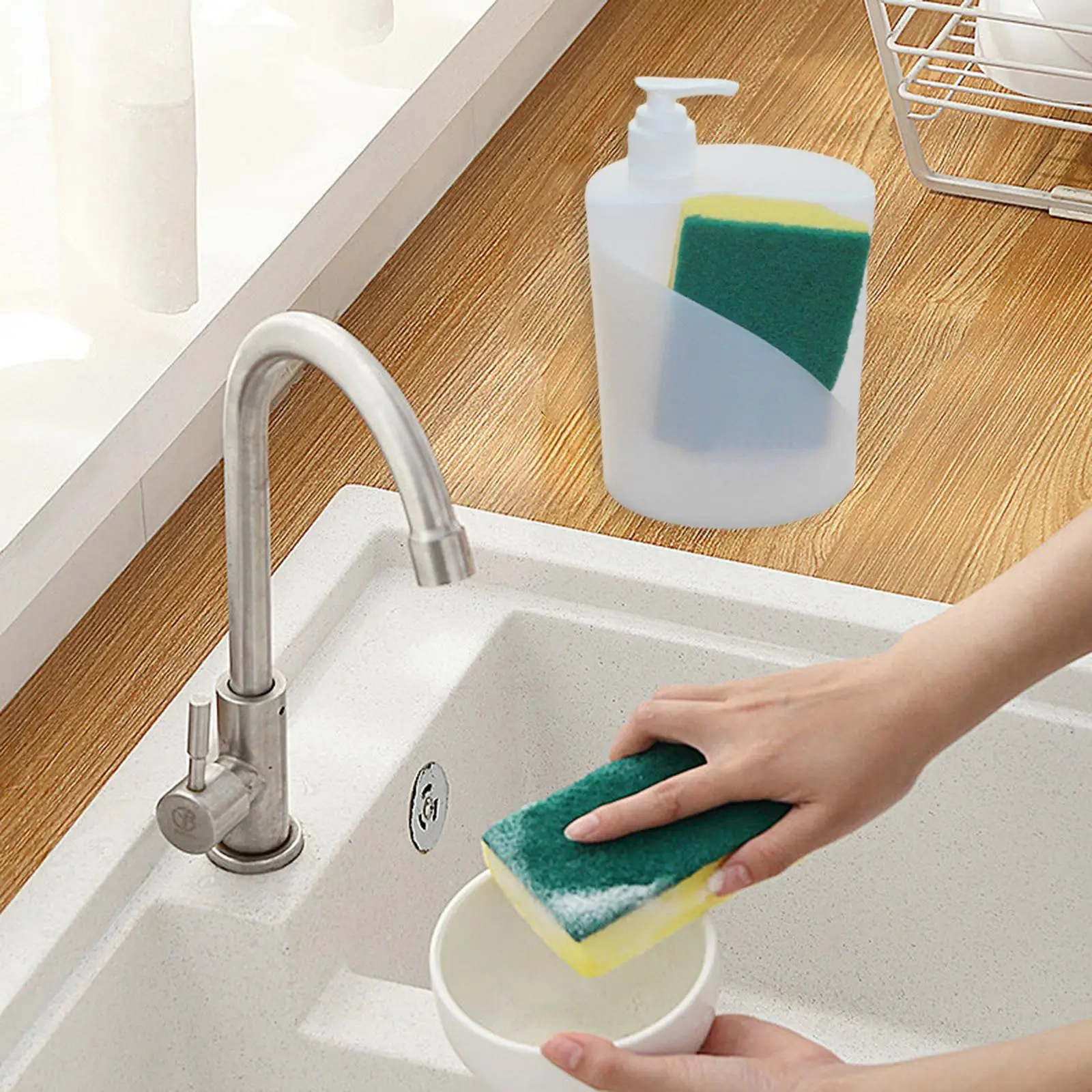 Dish Soap Dispenser and Sponge Holder Dishwashing Container Compact 550ml Soap Dispensing for Bar Countertop Bathroom Hotel Cafe