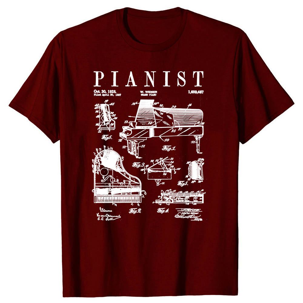 Flügel alte Vintage Patent Pianist Zeichnung T-Shirts Sommer Baumwolle Streetwear Kurzarm Musik instrument Geschenke T-Shirt – Detail 3