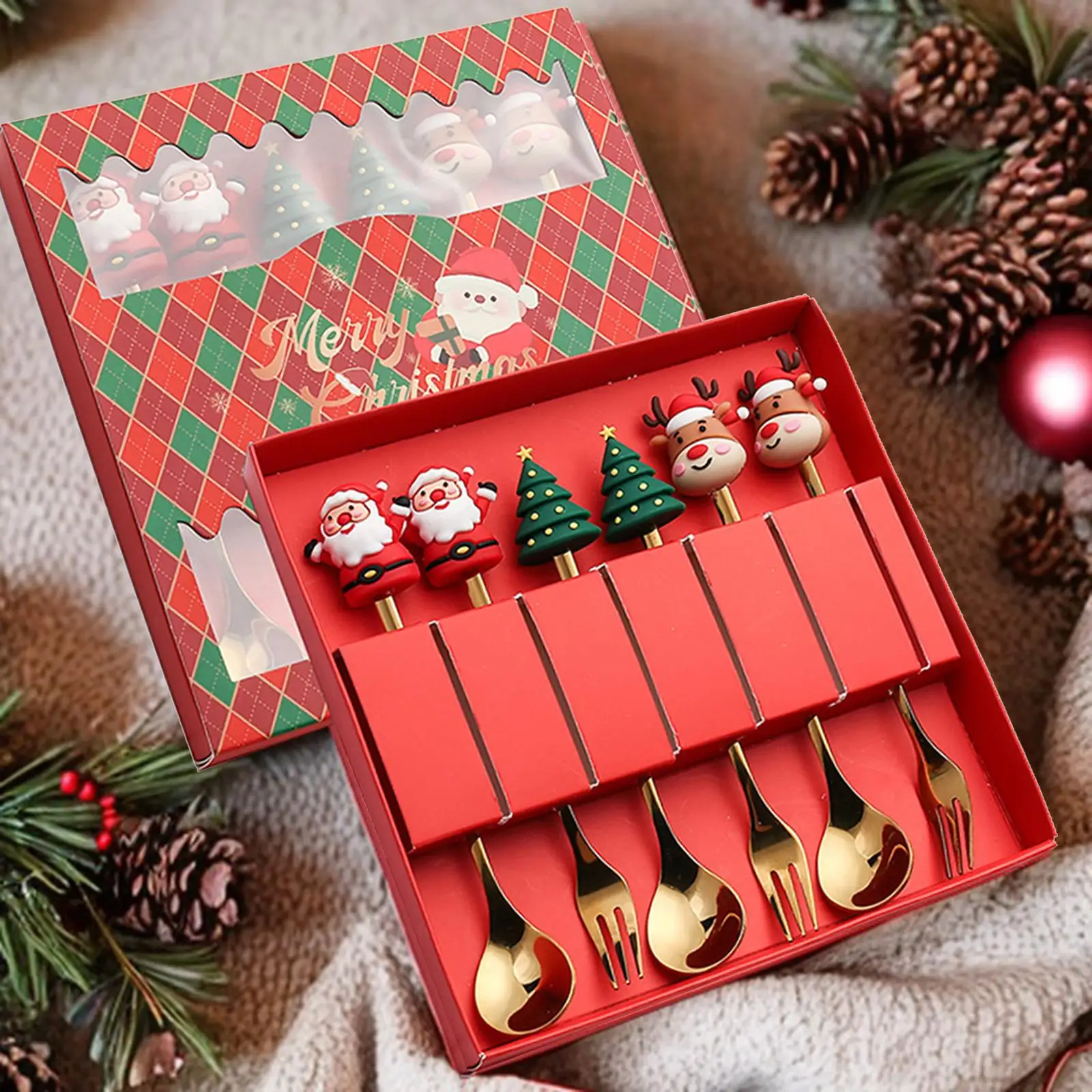 6 Pieces Christmas Spoons Forks Set Stainless Steel with Gift Box Flatware Cutlery Set for Daily Use Xmas Dessert