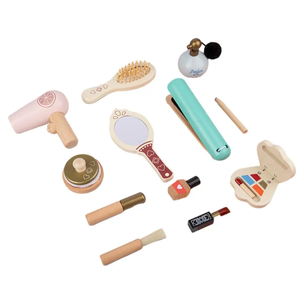 13/Set Vanity Salon Makeup Kit Funny Simulation Pretend Brush Wood Cosmetic